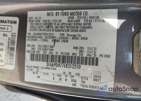 2014 Ford Fusion Se из США, поврежденный, VIN 3FA6P0H77ER312210